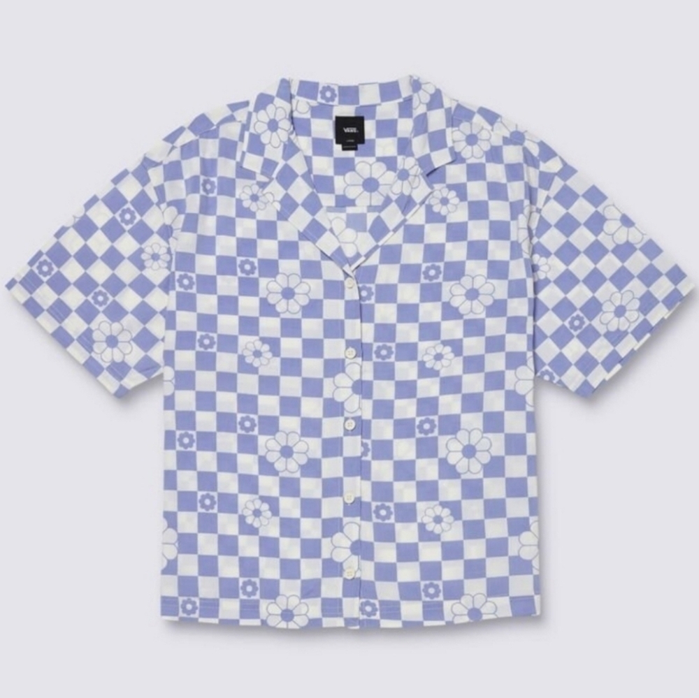 Vans Fairlands Purple White Checker Floral Print Short Sleeve Button Down Shirt